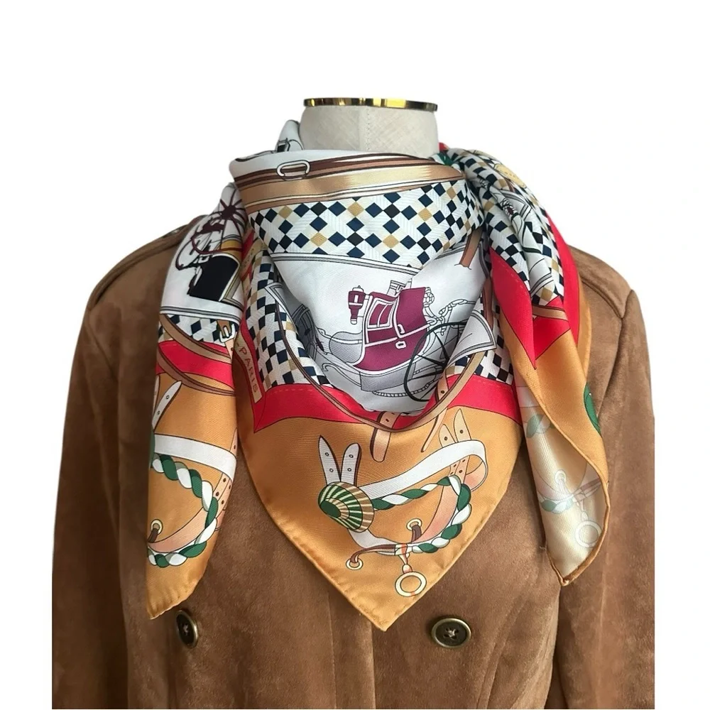 Hermès “Les Voitures Nouvelles” Silk Carré 90 Scarf Gold Brown Red Carriage - Picture 1 of 13